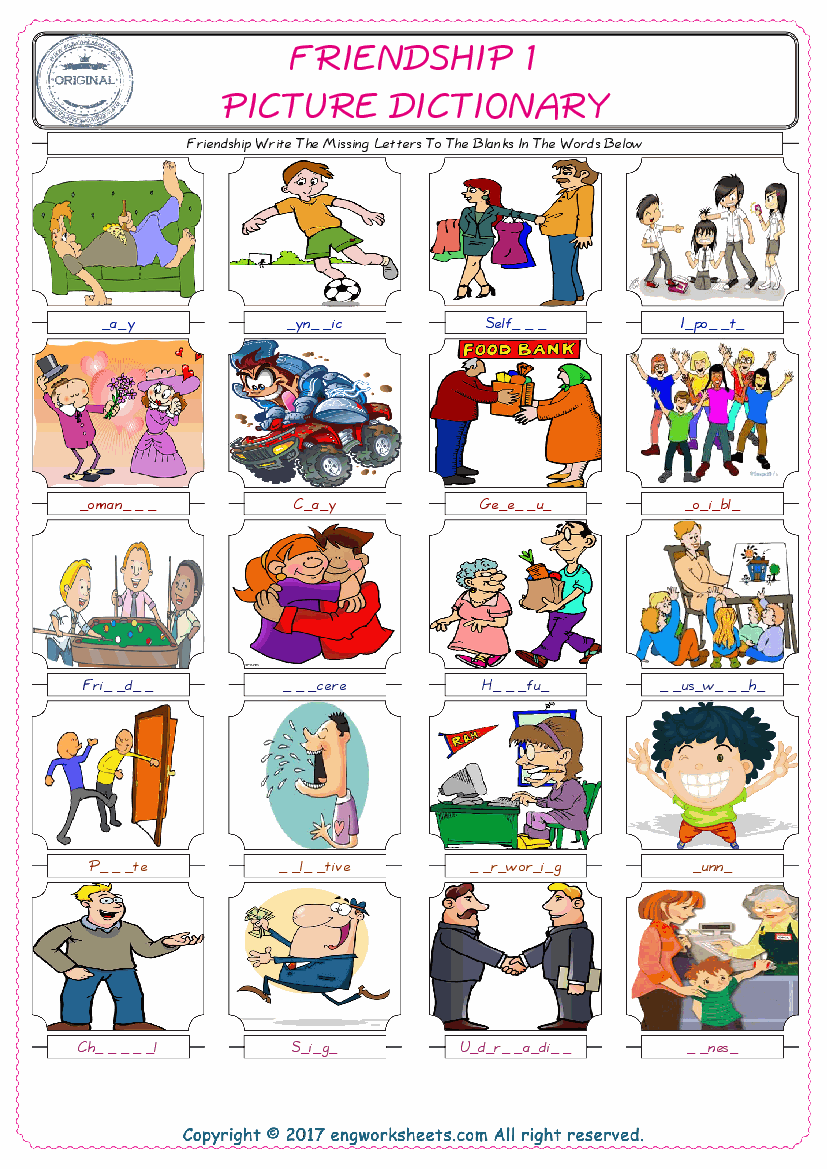  Friendship Words English worksheets For kids, the ESL Worksheet for finding and typing the missing letters of Friendship Words 